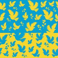 Seamless pattern dove of peace with an olive branch. Vector flat seamless pattern in blue and yellow. Flying bird on a flag background.