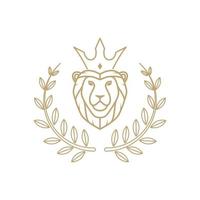 lion line with crown and leaf badge logo design, vector graphic symbol icon illustration creative idea