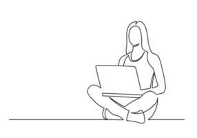 Beautiful woman sits on the floor and holding laptop vector