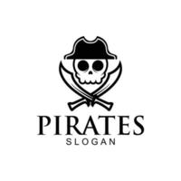 Pirate Skull with hat and Crossing Swords Sailor emblem logo design vector