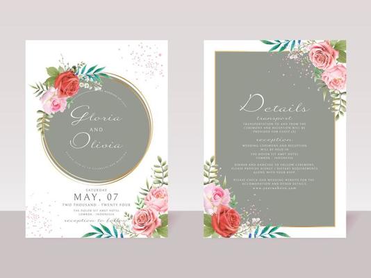 romantic red and pink flowers wedding invitations card template