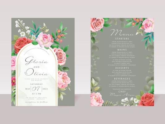 romantic red and pink flowers wedding invitations card template