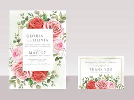 plantilla de tarjeta de invitación de boda de flores rojas y rosas románticas vector