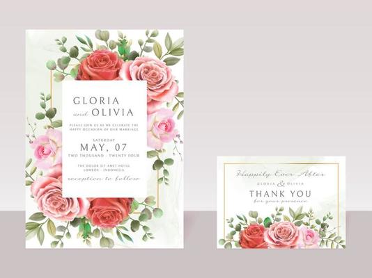 romantic red and pink flowers wedding invitations card template