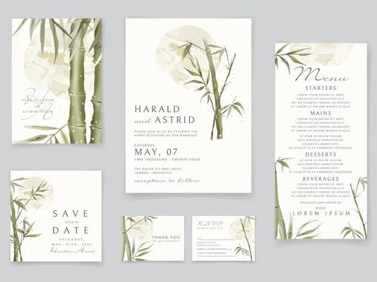 Wedding invitation cards set with elegant bamboo hand drawn