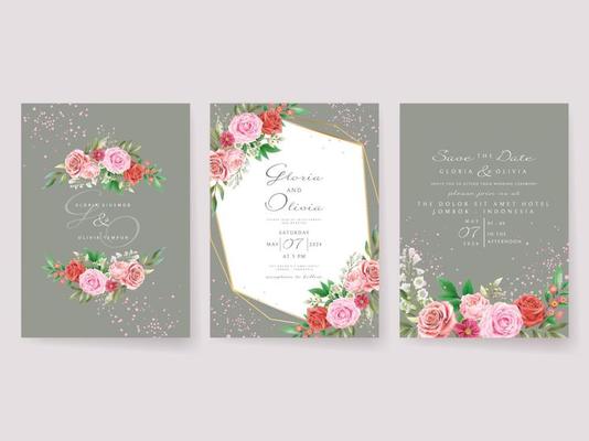 romantic red and pink flowers wedding invitations card template