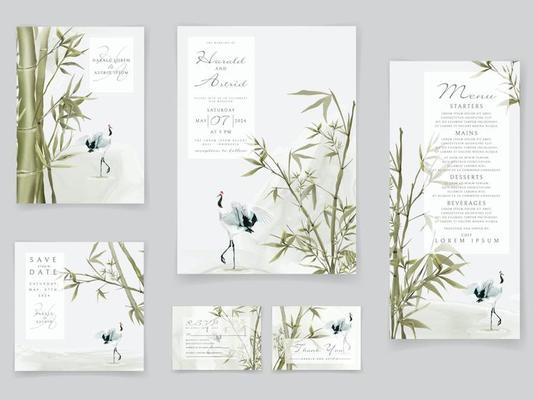 Wedding invitation cards set with elegant bamboo hand drawn