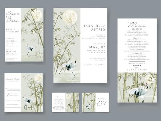 Wedding invitation cards set with elegant bamboo hand drawn