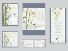 Wedding invitation cards set with elegant bamboo hand drawn vector