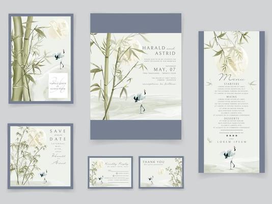 Wedding invitation cards set with elegant bamboo hand drawn