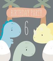 fiesta de cumpleaños, tarjeta de felicitación, invitación de fiesta. ilustración infantil con lindos dinosaurios y el número seis. ilustración vectorial en estilo de dibujos animados. vector