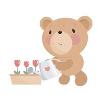Cute Bear with Watering Can. Vector illustration. For kids stuff, card, posters, banners, children books, printing on the pack, printing on clothes, fabric, wallpaper, textile or dishes.