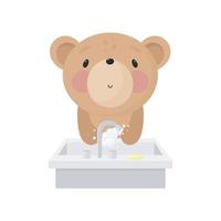 Cute Bear washes his hands. Vector illustration in cartoon style.