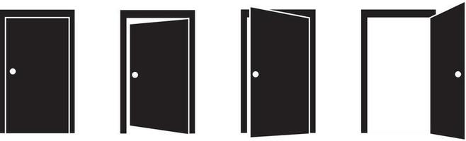 Door icons set. Open, close and ajar door. Doors collection. Opened entrance door set flat style vector