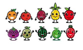 feliz lindo conjunto de cara de fruta sonriente. colección de ilustraciones de personajes de dibujos animados kawaii planos vectoriales. concepto de conjunto de emoji de colección de frutas de carácter lindo vector