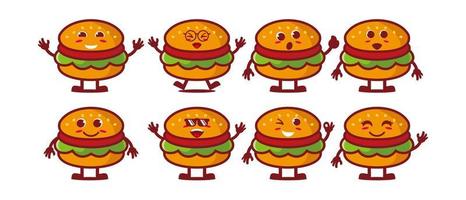 Cute smiling funny burger set collection.Vector flat cartoon face character mascot illustration .Isolated on white background vector