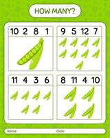 How many counting game with peas. worksheet for preschool kids, kids activity sheet, printable worksheet vector