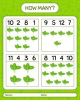 How many counting game with spinach. worksheet for preschool kids, kids activity sheet, printable worksheet vector