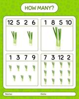 How many counting game with spring onion. worksheet for preschool kids, kids activity sheet, printable worksheet vector