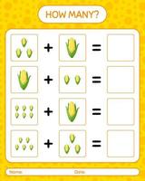How many counting game with corn. worksheet for preschool kids, kids activity sheet, printable worksheet vector