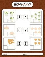 How many counting game with vegetables. worksheet for preschool kids, kids activity sheet, printable worksheet vector