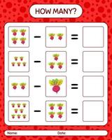 How many counting game with beet root. worksheet for preschool kids, kids activity sheet, printable worksheet vector