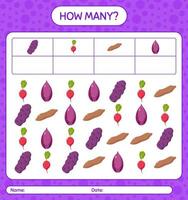 How many counting game with vegetables. worksheet for preschool kids, kids activity sheet, printable worksheet vector