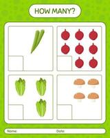 How many counting game with vegetables. worksheet for preschool kids, kids activity sheet, printable worksheet vector