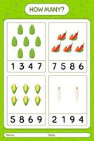 How many counting game with vegetables. worksheet for preschool kids, kids activity sheet, printable worksheet vector