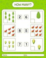 How many counting game with vegetables. worksheet for preschool kids, kids activity sheet, printable worksheet vector