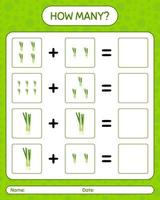 How many counting game with spring onion. worksheet for preschool kids, kids activity sheet, printable worksheet vector