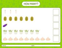 How many counting game with vegetables. worksheet for preschool kids, kids activity sheet, printable worksheet vector