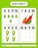 How many counting game with vegetables. worksheet for preschool kids, kids activity sheet, printable worksheet vector