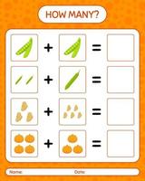 How many counting game with vegetables. worksheet for preschool kids, kids activity sheet, printable worksheet vector