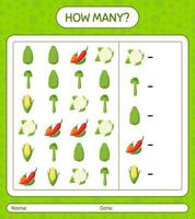 How many counting game with vegetables. worksheet for preschool kids, kids activity sheet, printable worksheet vector