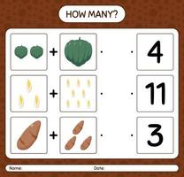 How many counting game with vegetables. worksheet for preschool kids, kids activity sheet, printable worksheet vector