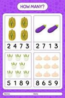 How many counting game with vegetables. worksheet for preschool kids, kids activity sheet, printable worksheet vector