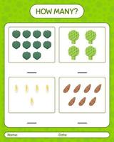 How many counting game with vegetables. worksheet for preschool kids, kids activity sheet, printable worksheet vector