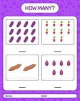 How many counting game with vegetables. worksheet for preschool kids, kids activity sheet, printable worksheet vector