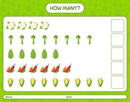 How many counting game with vegetables. worksheet for preschool kids, kids activity sheet, printable worksheet vector