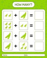 How many counting game with peas. worksheet for preschool kids, kids activity sheet, printable worksheet vector