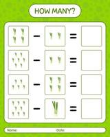 How many counting game with spring onion. worksheet for preschool kids, kids activity sheet, printable worksheet vector