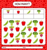 How many counting game with vegetables. worksheet for preschool kids, kids activity sheet, printable worksheet vector