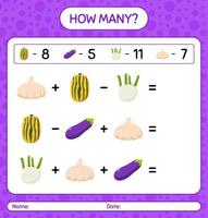 How many counting game with vegetables. worksheet for preschool kids, kids activity sheet, printable worksheet vector