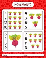 How many counting game with beet root. worksheet for preschool kids, kids activity sheet, printable worksheet vector