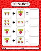 How many counting game with beet root. worksheet for preschool kids, kids activity sheet, printable worksheet vector