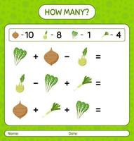 How many counting game with vegetables. worksheet for preschool kids, kids activity sheet, printable worksheet vector