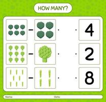 How many counting game with vegetables. worksheet for preschool kids, kids activity sheet, printable worksheet vector