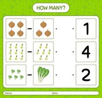 How many counting game with vegetables. worksheet for preschool kids, kids activity sheet, printable worksheet vector