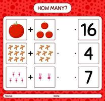How many counting game with vegetables. worksheet for preschool kids, kids activity sheet, printable worksheet vector